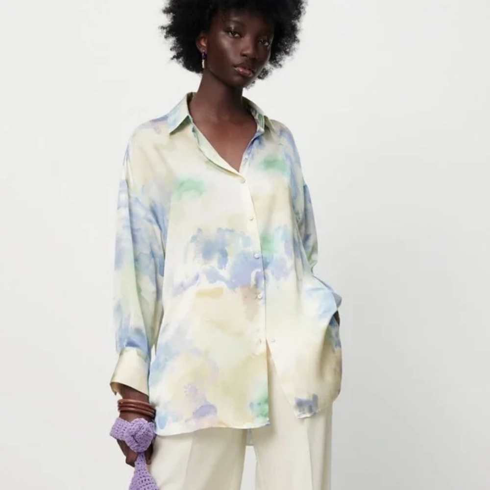 Zara Satin Effect Tie Dye Long Sleeve Blouse